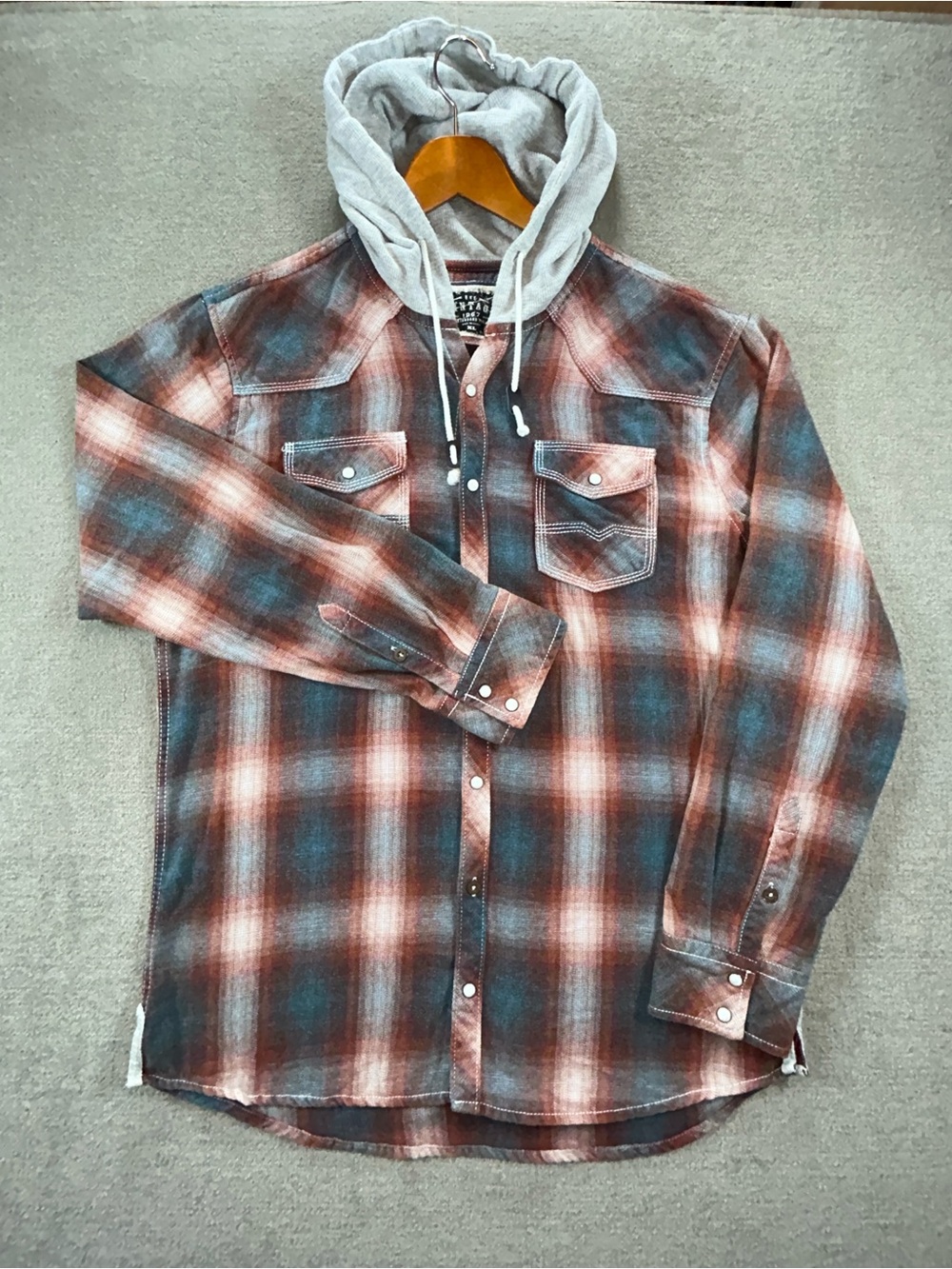 BKE Vintage Mens XL Brushed Plaid Hooded Shirt Brown Cream Flannel VI7IFPW‎
